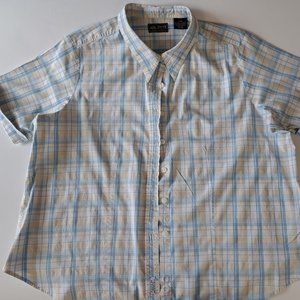 Route 66 Women's SS Stretch Button Front Blouse in Plaid w/ Pastel Blue/Tan 2X